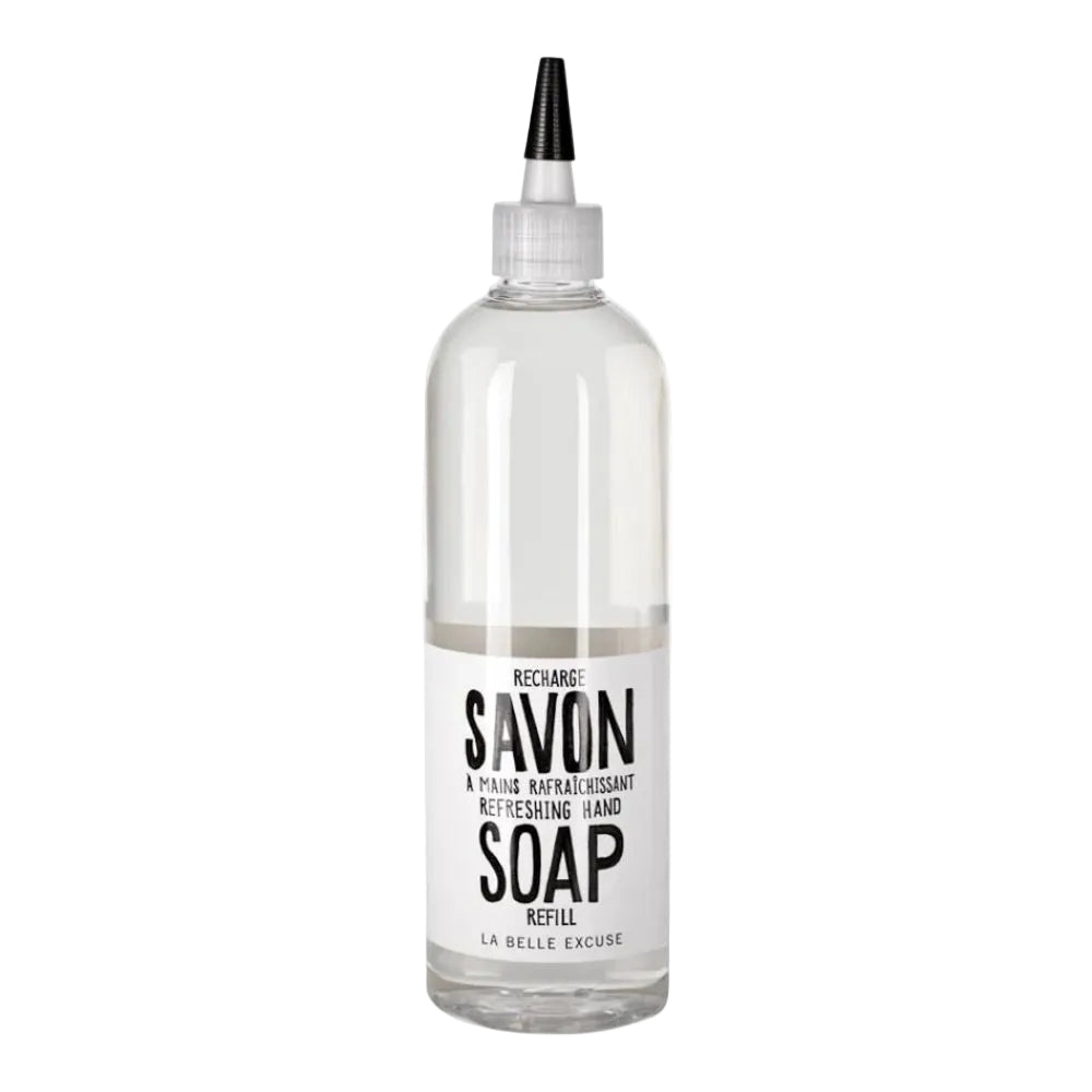 Clear soap refill bottle with black text on a white background